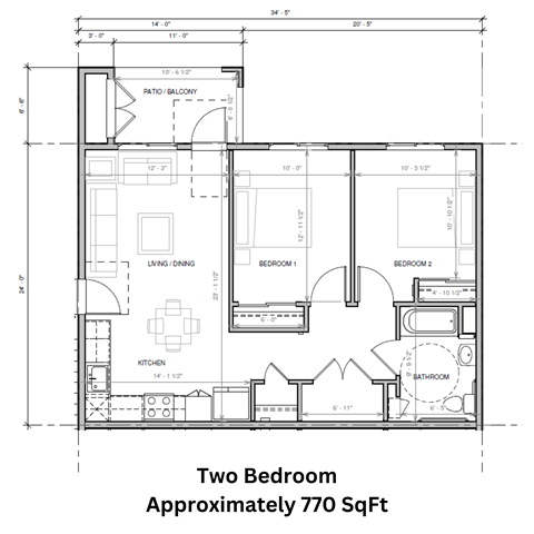 a floor plan of a two bedroom apartment with a terrace and a balcony